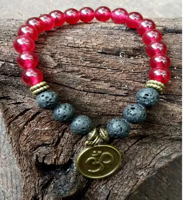 Crystal Bracelet - Lava stone & Red Jade w/ Om